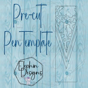 May include: Pre-cut pen template with a black and white animal print design. The template is on a blue background with the text "Pre-cut Pen Template" and "Elephin Designs".