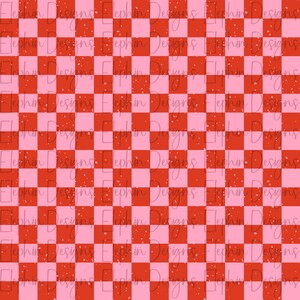 May include: A digitally created pattern featuring a checkerboard design in alternating shades of red and pink. The pattern includes the text "Elephin Designs" in a script font, repeated across the image. White speckles add texture.