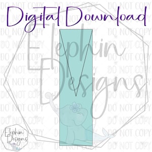 Può includere: Download digitale con un design rettangolare azzurro con una forma a V nera e un'illustrazione di elefante dei cartoni animati. Il testo "Digital Download" è in corsivo viola in alto. L'immagine ha una filigrana che dice "Elephin Designs".