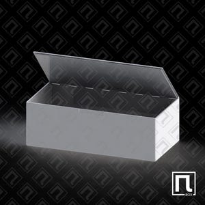 May include: A rectangular, light gray box with a clear, hinged lid. The lid is partially open, revealing the interior of the box. The box is set against a black background with a repeating pattern of a stylized "n" symbol.