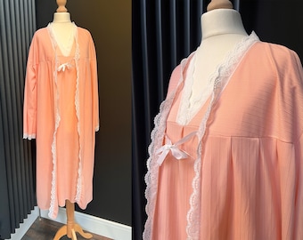 Peach Vintage 1980s Night Dress & Bed Jacket || Size UK 14/16 || Lace Trim Night Gown Slip Pyjamas Lingerie with Cover Up House Coat