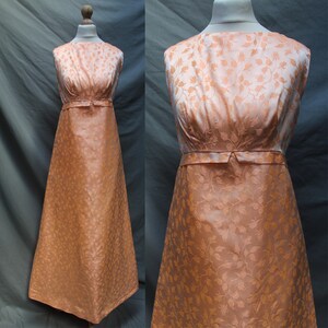 Vibrant Vintage 1960s Long Dress || Size UK 10 || Orange/Peach Floral Print Evening Gown with Floral Embossing