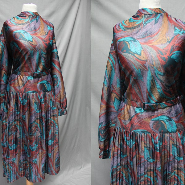 Unique 1970s Norman Linton Dress || Size UK 16 || Bold Feather Print, Psychedelic, Long Sleeve Midi Dress