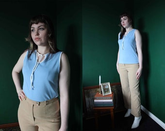 Baby Blue Vintage 1990s Vest Top With White Trim || Size UK 14 || Blue Amaranto Top With Tie Detail