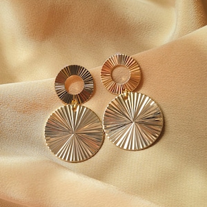 Gold dangling earrings double hollowed out circles with golden stripes, elegant minimalist style, Aura model Women's Jewelry Summer Evening