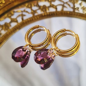 Thick gold stainless steel hoop earrings and purple amethyst plum Swarovski crystal drop pendant, Fall in Love model
