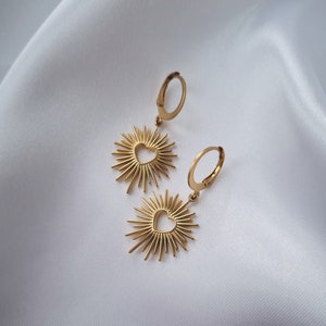 Small minimalist sleeper earrings stainless steel gold sunray heart pendant, Divine model Valentine's Day gift image 1