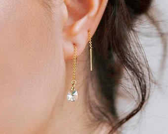 Minimalist gold-filled gold earrings and Swarovski crystal drop pendants, Sunbeam model monoboucle or pair