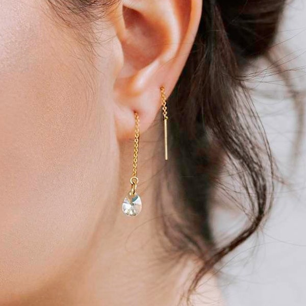 Boucles chaînes d'oreilles minimalistes or gold-filled et pendentifs gouttes en cristal, modèle Sunbeam monoboucle ou paire