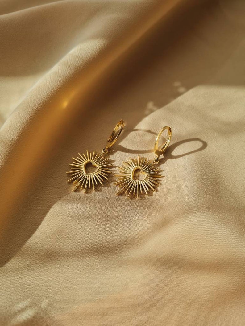 Small minimalist sleeper earrings stainless steel gold sunray heart pendant, Divine model Valentine's Day gift image 6