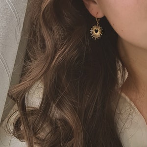 Small minimalist sleeper earrings stainless steel gold sunray heart pendant, Divine model Valentine's Day gift image 9