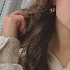 Small minimalist sleeper earrings stainless steel gold sunray heart pendant, Divine model Valentine's Day gift image 5