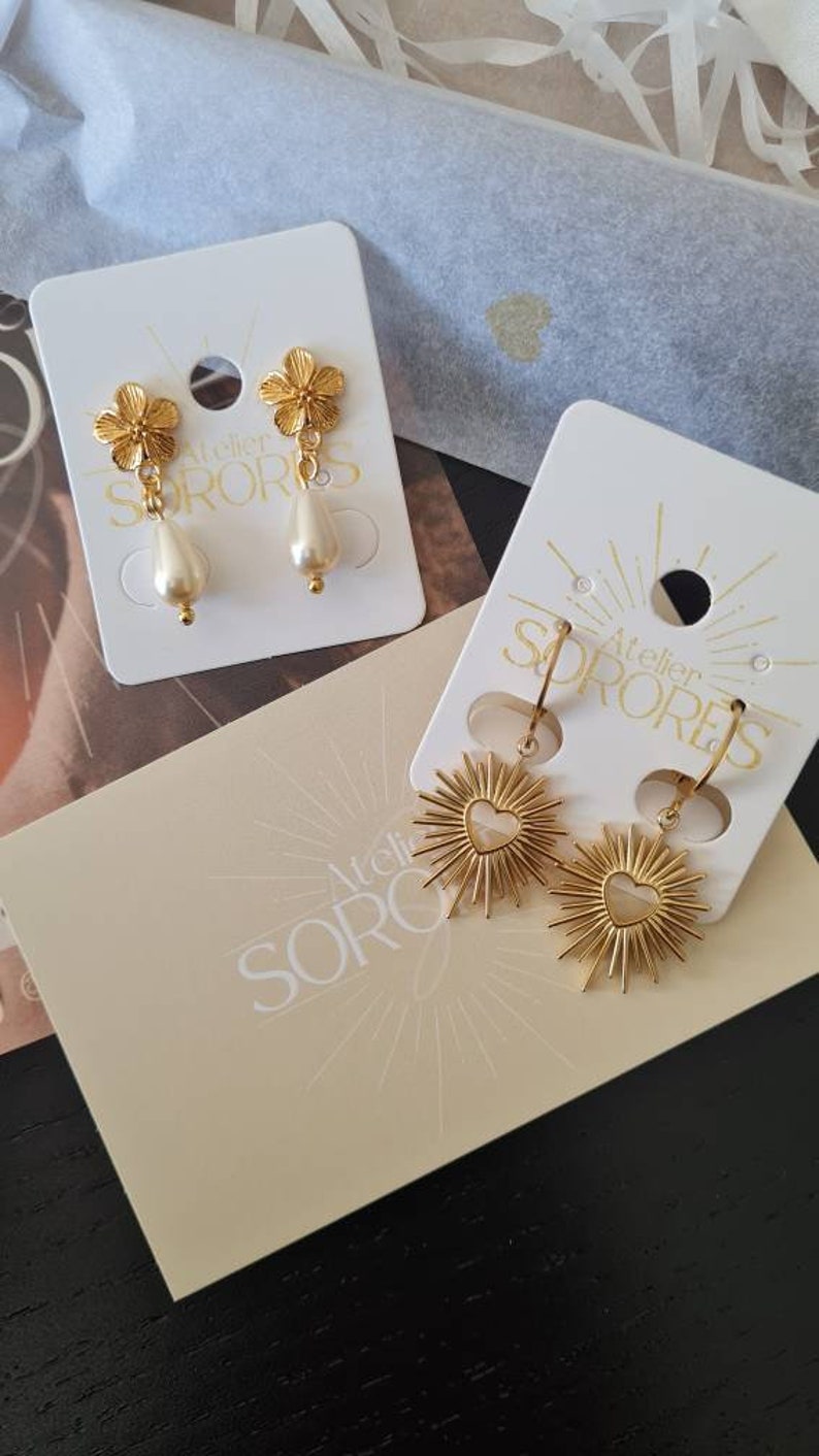 Small minimalist sleeper earrings stainless steel gold sunray heart pendant, Divine model Valentine's Day gift image 8