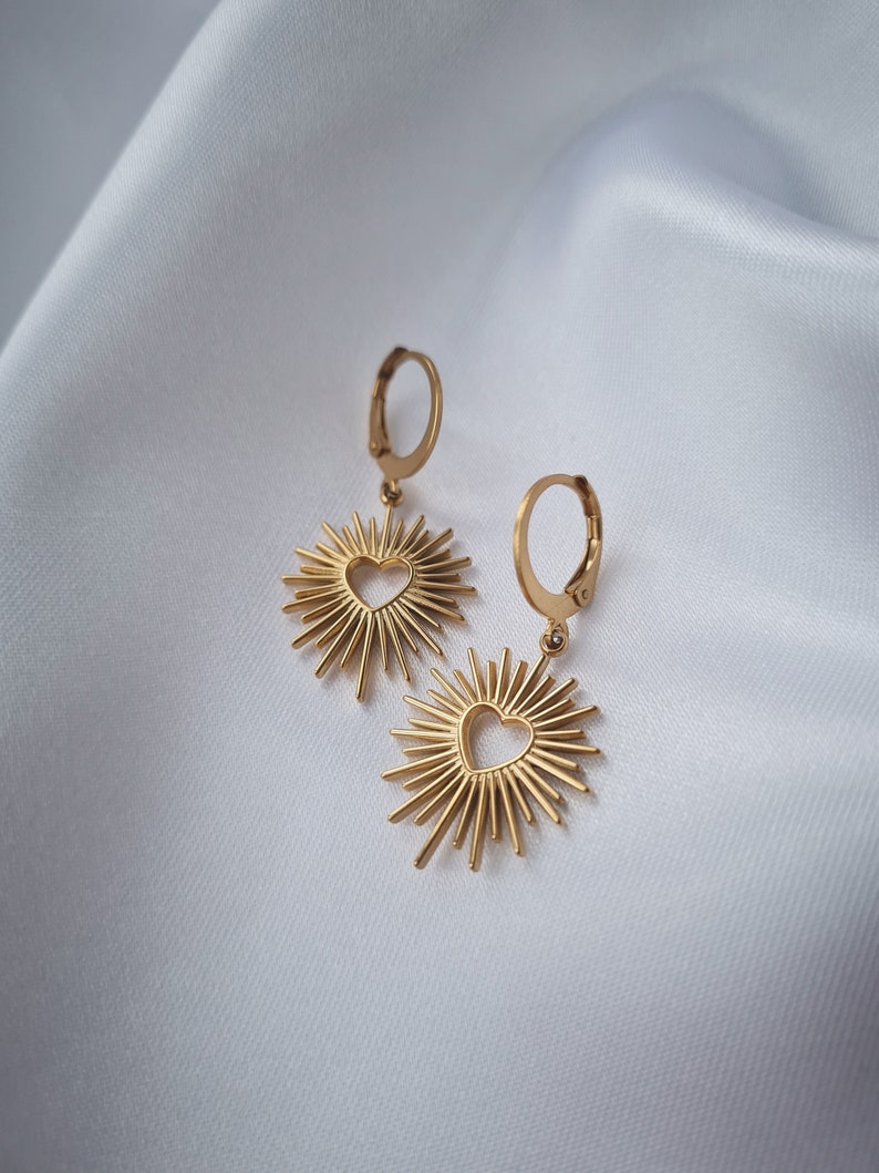 Small minimalist sleeper earrings stainless steel gold sunray heart pendant, Divine model Valentine's Day gift image 10