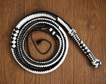Handmade Black & White Leather Bullwhip – Braided Cowhide Whip, Indiana Jones Style, Professional Cracking Whip, Gift for Him