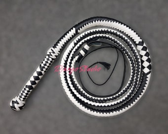 4 to 12 Feet Long 12 Plaits White and Black Original Whip Top Grain Leather Heavy Duty Easy Cracking Bullwhip Fetish Gift Slave Spanking