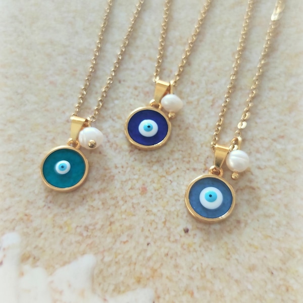 Blue Evil Eye Necklace, Greek Protection Necklace, Freshwater Pearls, Stained Glass Jewelry, Gold Evil eye Necklace, Greek Mati Pendant, Boh