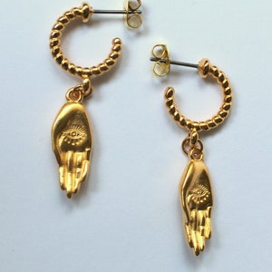 Gold Hand Dangle Earrings, Huggie Earrings, Unique Baroque Earrings, Protection Jewelry, Open Palm with Evil Eye Hoop Earrings, Spiritual