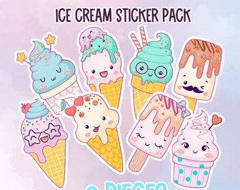 Pastel Kawaii Cute Ice Cream Sticker Pack (8 Pack)