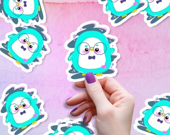 青とピンクのかわいいかわいい美的円形メガネペンギン海の動物イラストステッカー