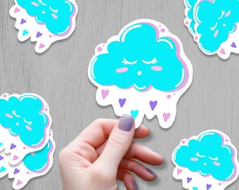 Linda pegatina de nubes de Kawaii Blue Purple and Pink Heart Rain Drops