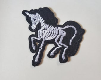 Unicorn Skeleton Black and White Embroidered Patch Iron On/Sew On Punk Gothic Biker Emo