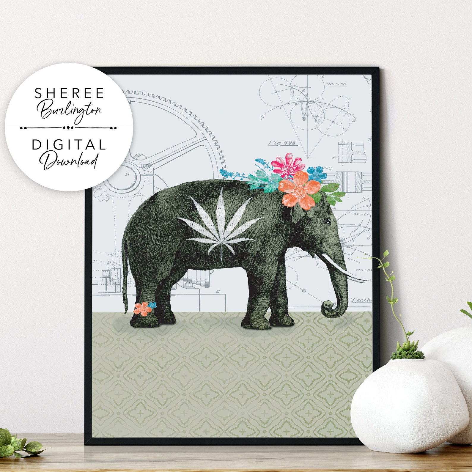 Printable Marijuana Art Print Vintage Elephant Cannabis Poster Humorous