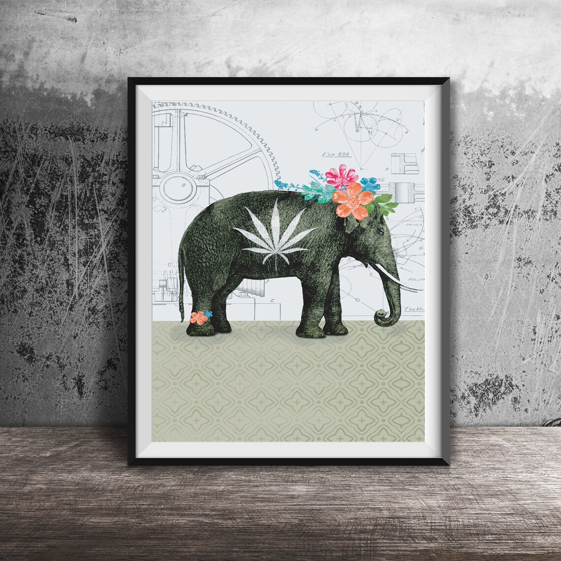 Printable Marijuana Art Print Vintage Elephant Cannabis Poster Humorous