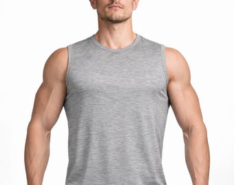 Camiseta de tirantes de lana merino para hombre, color gris, transpirable y resistente a los olores.