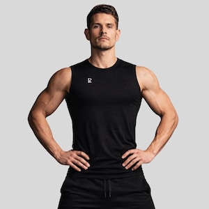 Men’s Merino Wool Gym Tank Top, Black Workout Tank, Breathable Odor Resistant Athletic Shirt