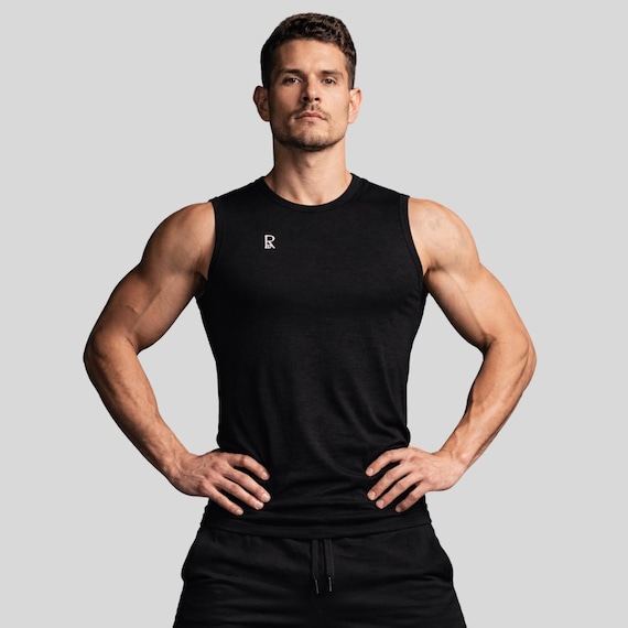 Men’s Merino Wool Gym Tank Top, Black Workout Tank, Breathable Odor Resistant Athletic Shirt