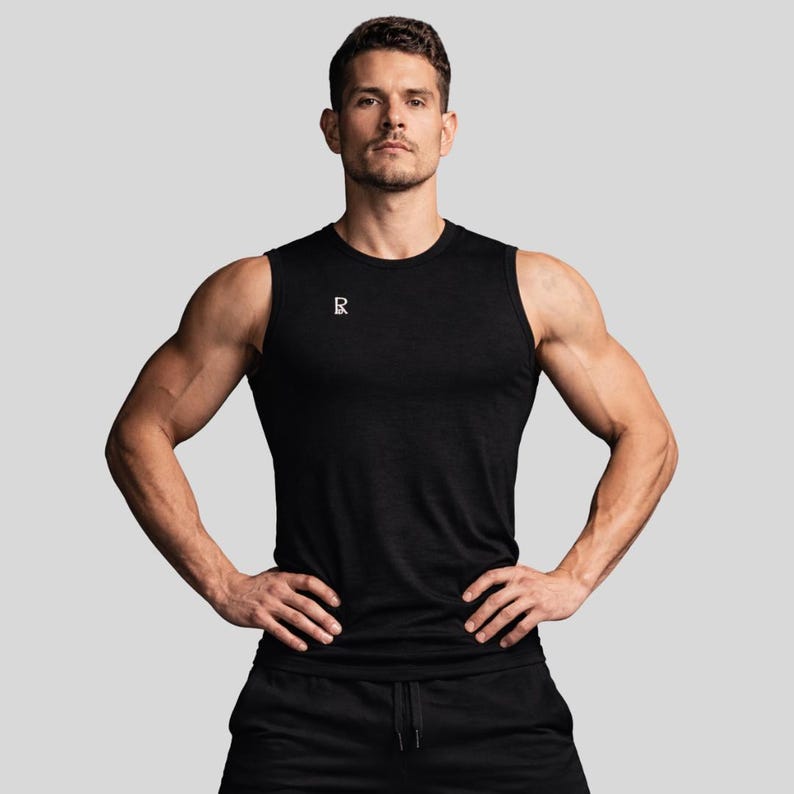 Men’s Merino Wool Gym Tank Top, Black Workout Tank, Breathable Odor Resistant Athletic Shirt image 1