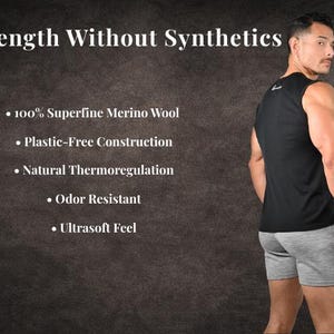 Men’s Merino Wool Gym Tank Top, Black Workout Tank, Breathable Odor Resistant Athletic Shirt image 6