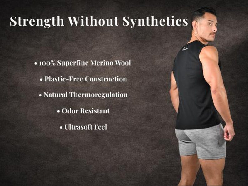 Men’s Merino Wool Gym Tank Top, Black Workout Tank, Breathable Odor Resistant Athletic Shirt image 6