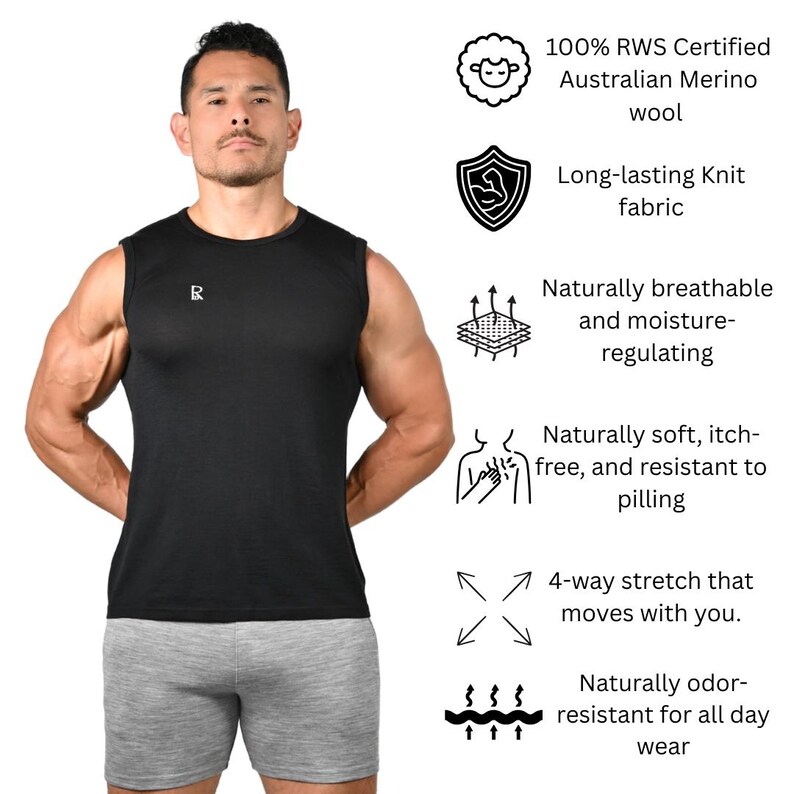 May include: A black sleeveless shirt with a small white "R" logo on the chest. The shirt is paired with gray shorts. The image includes text describing the shirt's features: 100% RWS Certified Australian Merino wool, breathable, moisture-regulating, and odor-resistant.