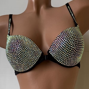 rhinestone bra, ab crystal bra, sparkle lingerie, dancer bra, burlesque top, push up bra, pole dance outfit, showgirl bra