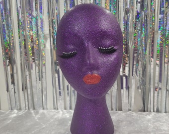 Mannequin Head: Wig holder, Display Stand, Purple Sparkly styrofoam head