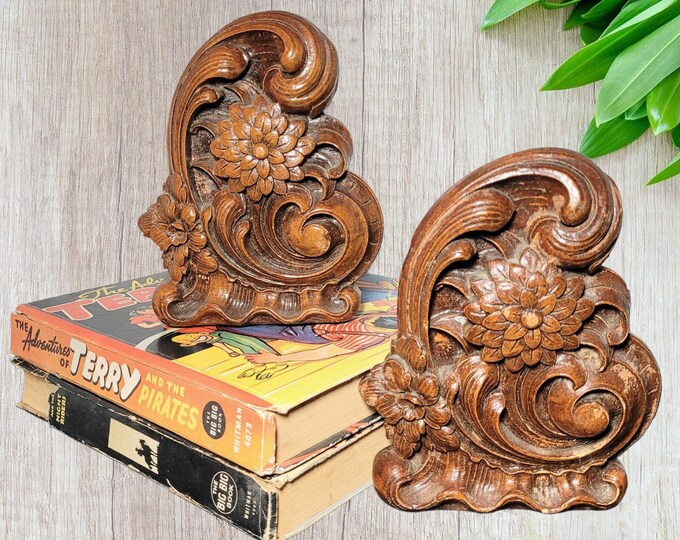 2 Vintage 1950s Syrocowood Flower & Scroll Bookends Mid Century Modern