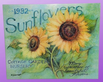 Lunarable Sunflower Cutting Board, Romantic Flowers on Old Fashioned  Letters Postcards Newspapers, Decorative Tempered Glass Cutting and Serving