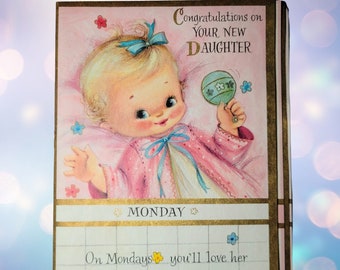 Adorable 1950s Vintage Hallmark &quot;Congratulations On Your New Daughter&quot; Days of the Week Monday-Sunday Greeting Card! Craft Project Collage!