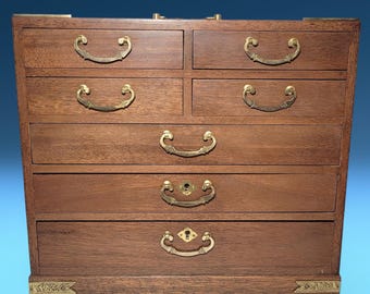 1960's Japanese Tansu Jewelry Chest/Box Wood w/ Brass Handles Blue Fabric Lined Drawers ~ Made in Japan ~ Mother's Day Gift ~ Christmas Gift