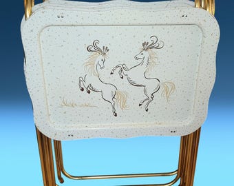 Rare! 4 Vintage early 1970&#39;s Folding TV Trays Metal Set with Happy Prancing Horses ~ Retro ~ Atomic ~ Mid Century Modern