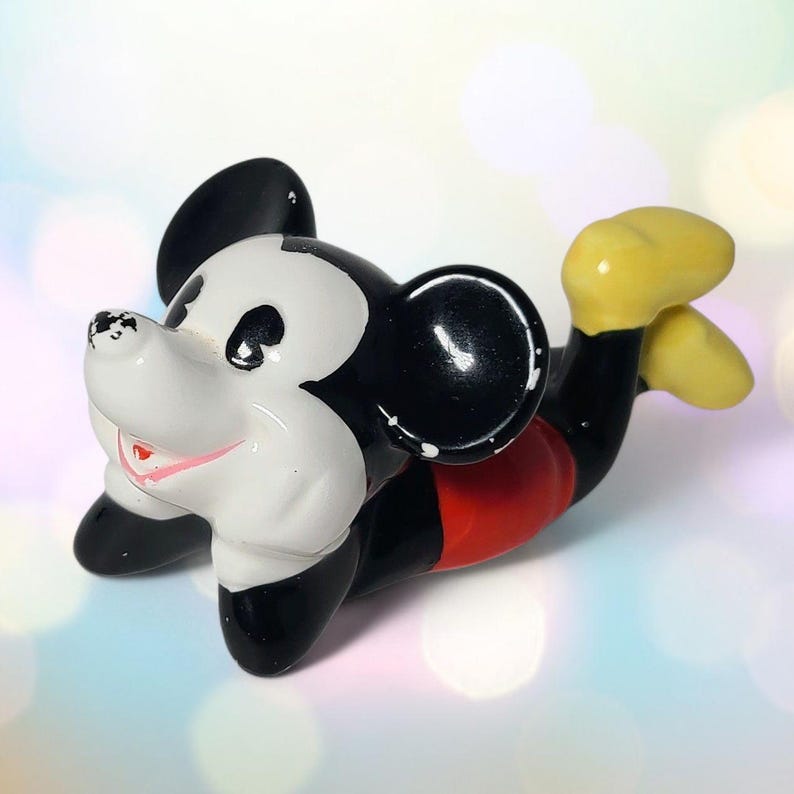 Vintage Walt Disney Figurine Mickey Mouse Laying Down Ceramic Cartoon Character image 1