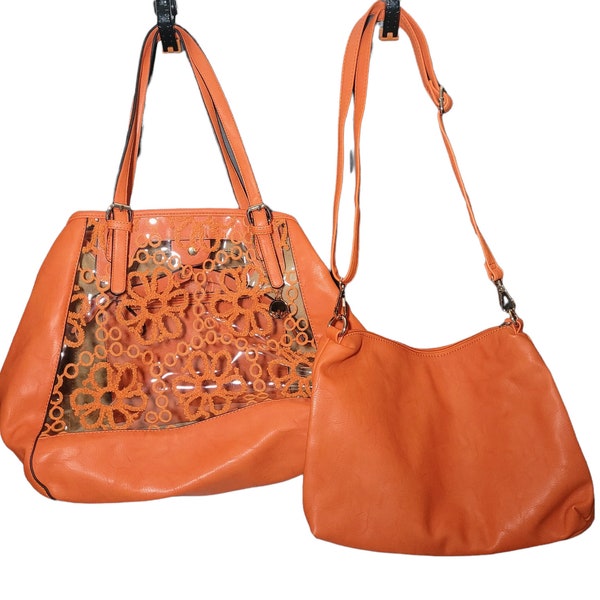 2 Unique Vintage Big Buddha Orange Faux Leather Boho Retro Purse / Hand Bag & Shoulder Bag