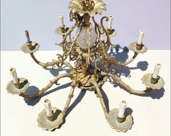 Vintage Spanish Revival Ornate Brass Chandelier 8 Arm Ceiling Light Fixture Cut Glass ~ Sold As-Is ~ LOCAL PICKUP ONLY