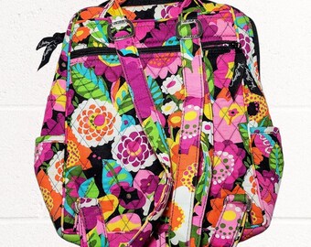 Vtg Vera Bradley Pink Purple Flowers Small Black Backpack W