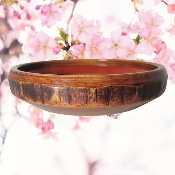 Vintage Asian Japanese Shikoku Kogeisha "Four Kingdoms" Carved Brown Wooden Red Lacquer Shallow Bowl