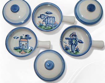 3 Vintage 1940's M.A. Hadley Pottery Blue Porringer Handled Soup Bowls with Lids Farmer, House & Sheep ~ Mother's Day Gift ~ Christmas Gift