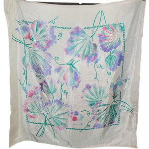 Vintage Womens Silk Scarf Beautiful Flowers Purple Green Pink ~ Square 32&quot; x 32&quot; ~ Great Christmas Gift!