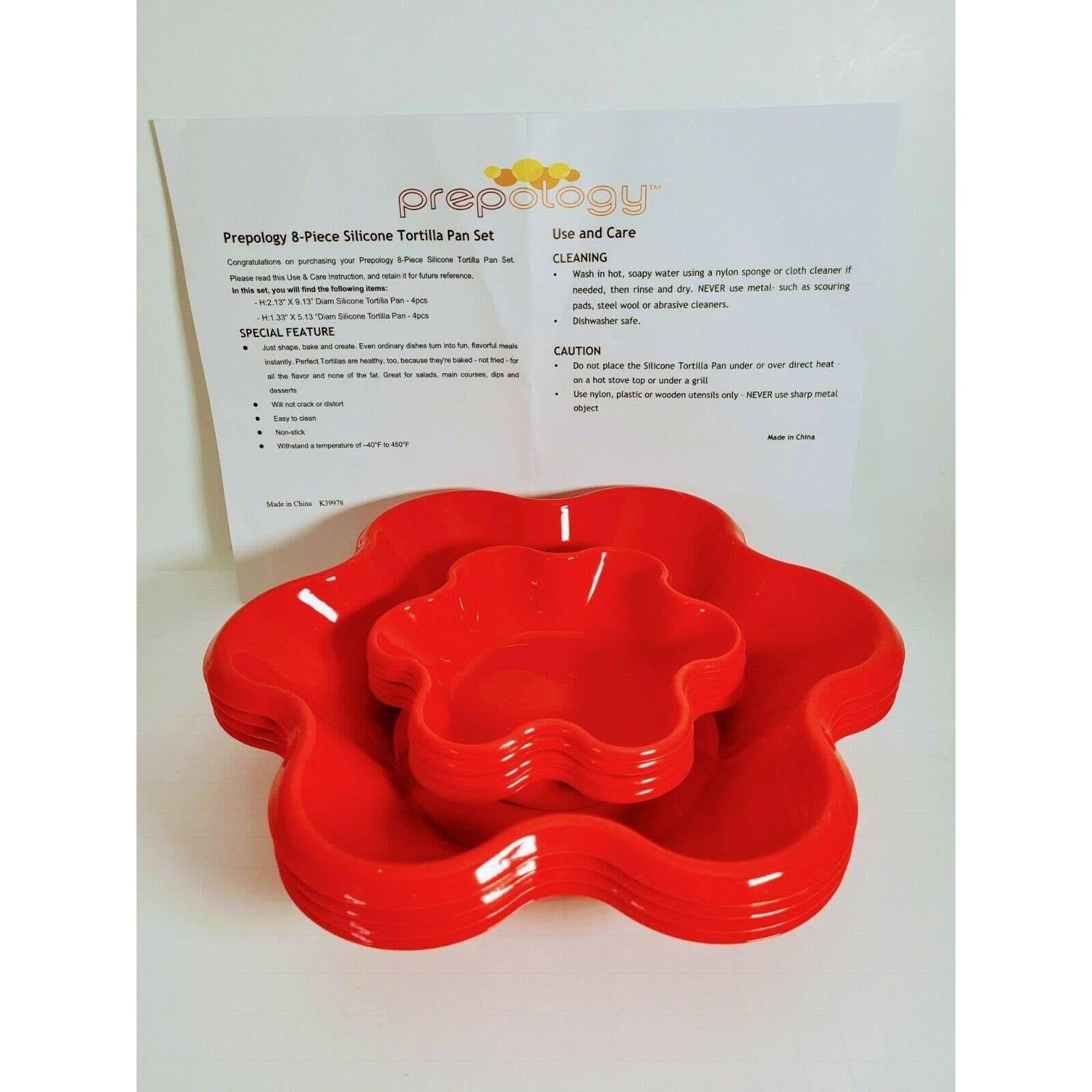 New/unused Prepology Red 8-piece Silicone Tortilla Pan Tostada 